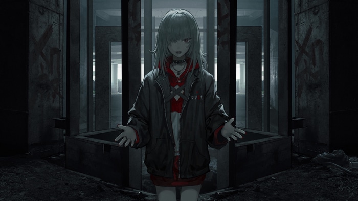 Girl in abandoned building with graffiti