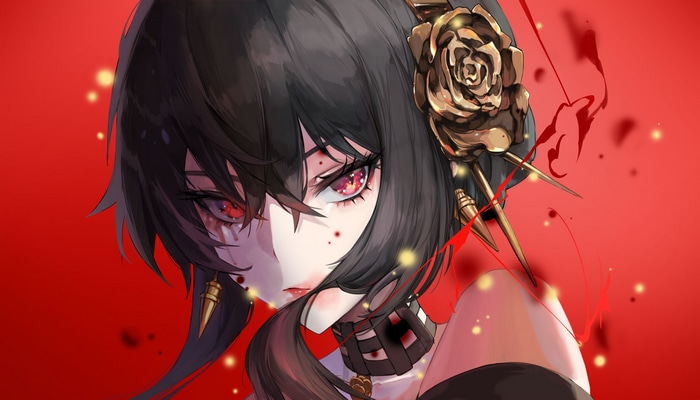 Yor Forger with red eyes and blood splatters