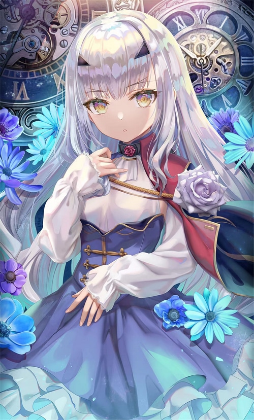 Fantasy girl with white hair and yellow eyes, surrounded by flowers