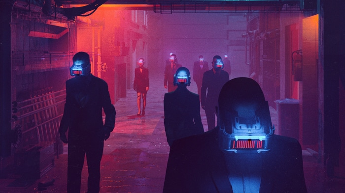 Cyberpunk figures with glowing masks in a dystopian alley