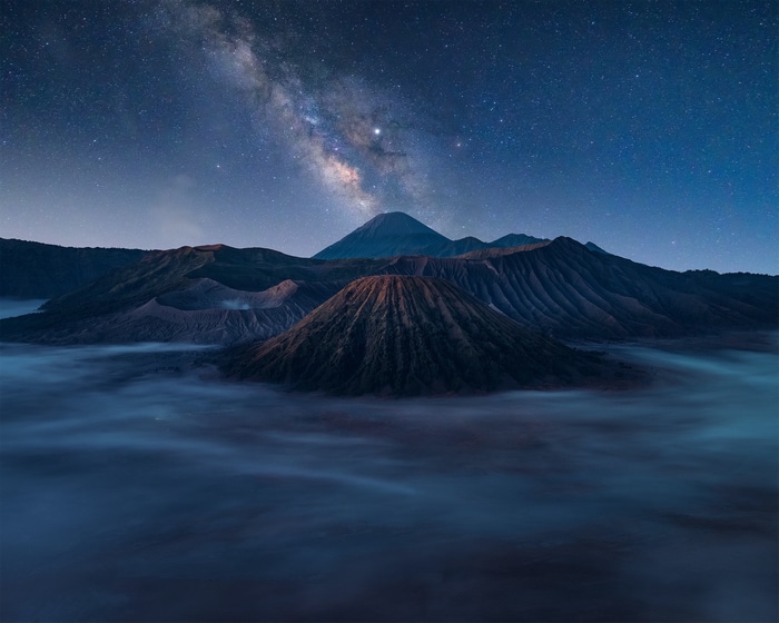 Mount Bromo volcano under the Milky Way at night