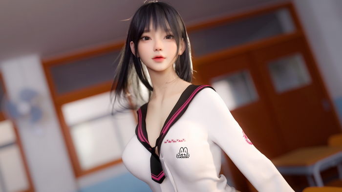 Asian woman in sailor uniform with "Luck zs" logo