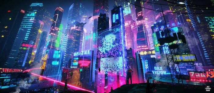 Cyberpunk Cityscape with Neon Skyscrapers at Night
