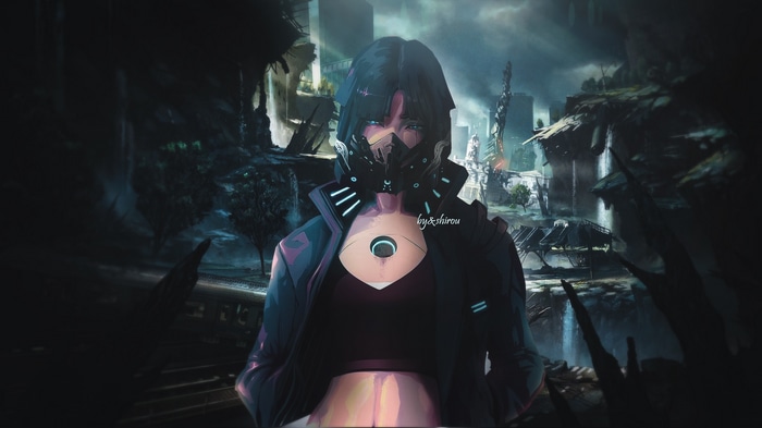 Anime girl with mask in futuristic city