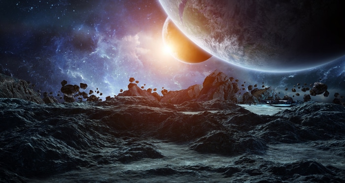 4K Space Scene with Planets and Asteroids