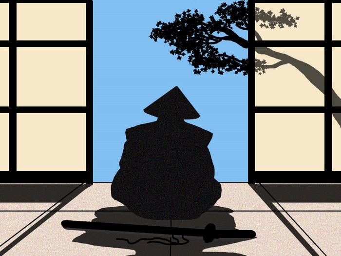 Samurai meditating in a dojo with a katana