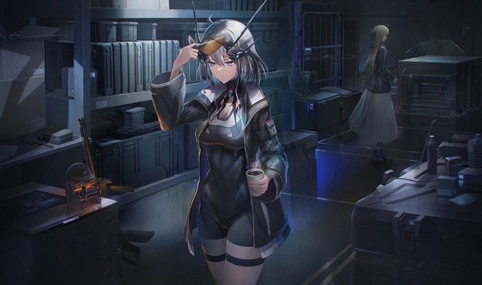 Futurelog: A woman with white hair drinks coffee in a storage room