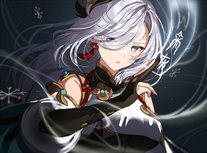 Shenhe from Genshin Impact with white hair