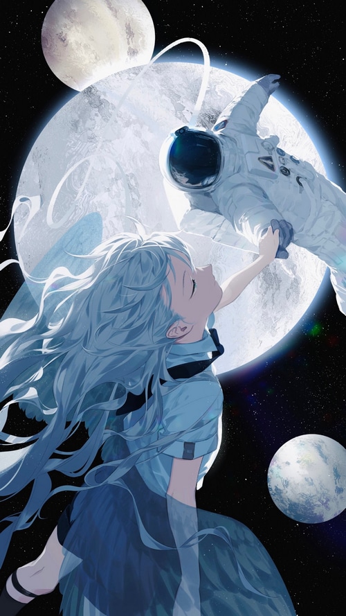 Anime girl reaching for an astronaut near the Moon