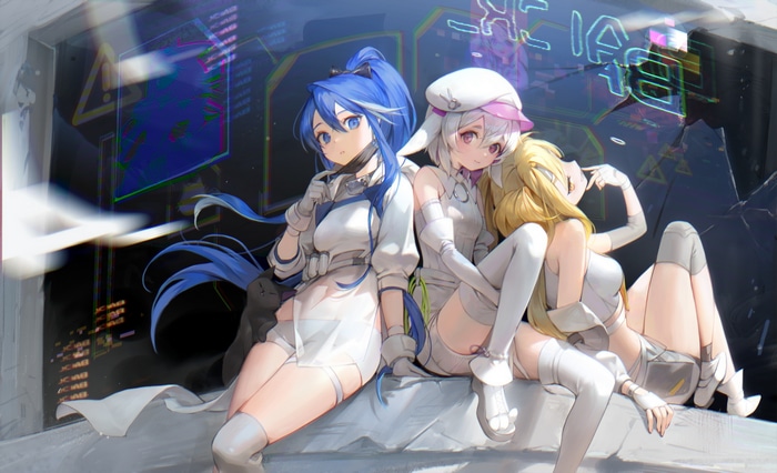 Three anime girls in futuristic outfits