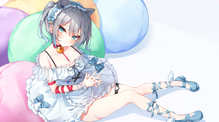 Cat girl with blue ribbons and bell collar