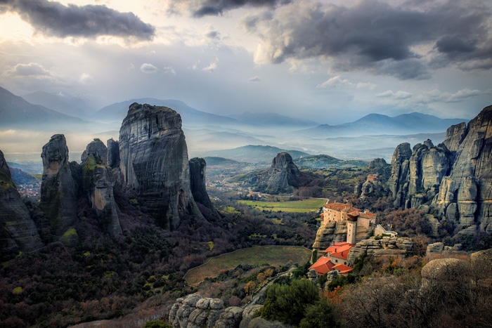 Meteora monasteries perched on rock formations in Greece