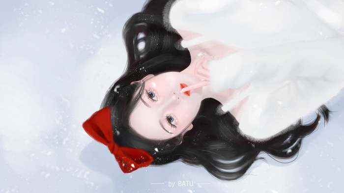 Artwork of an Asian woman in white clothing in the snow
