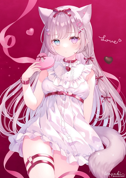 Cat girl in white dress holding a heart-shaped chocolate box