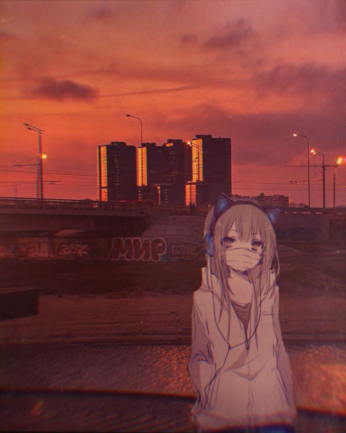 Anime girl with cat ears and mask at sunset