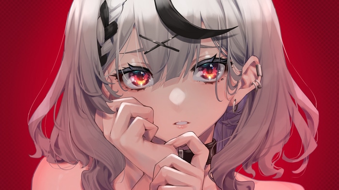Mikan with red eyes and ear studs