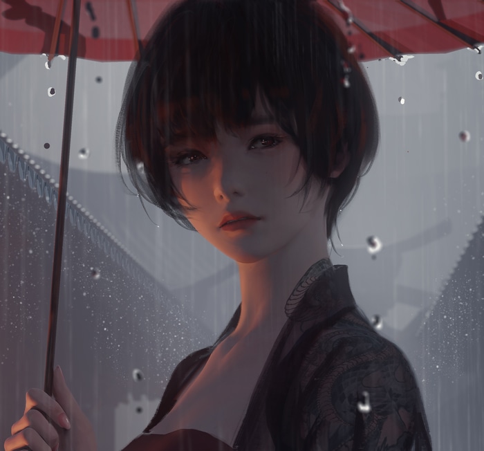 Ghostblade girl with umbrella in the rain
