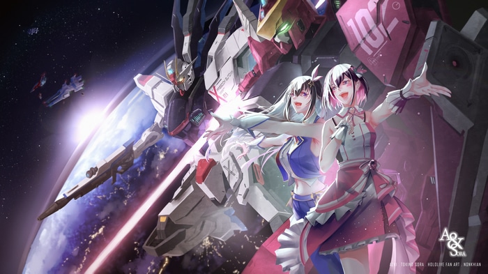 4K AZKi and Tokino Sora with Gundams in Space