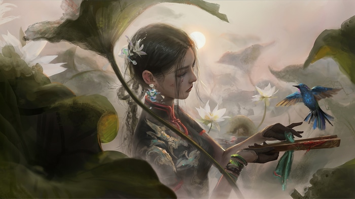 Girl in Chinese dress with bird and lotus flowers