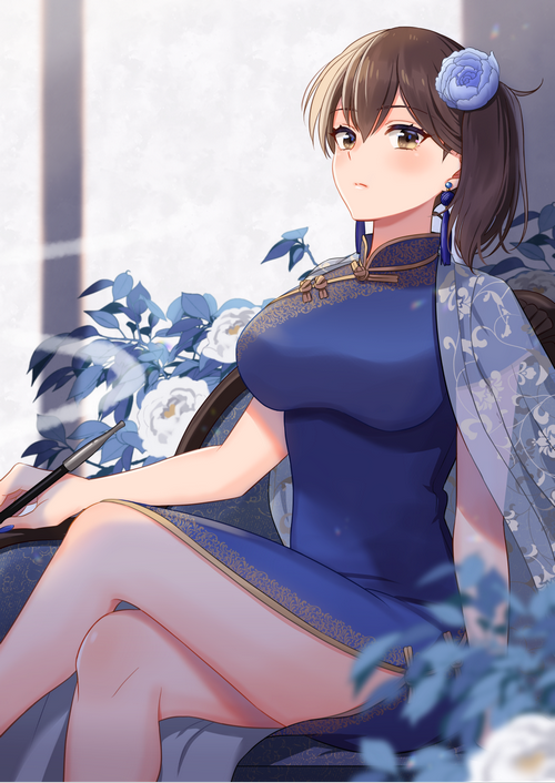 Kaga from Kantai Collection in a blue dress