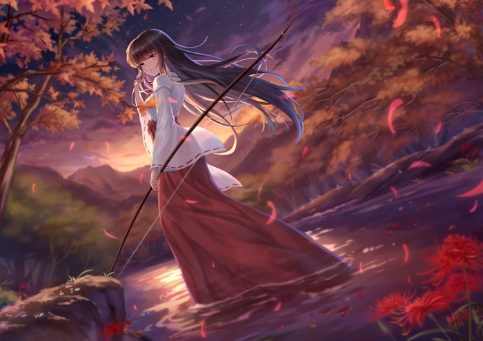 4K Kikyo with bow and arrow at sunset