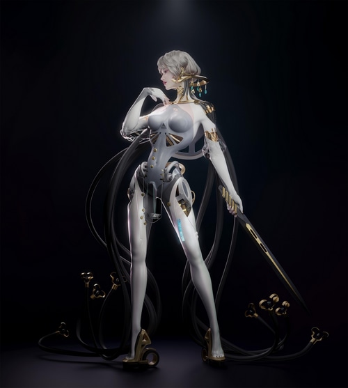 4K Gynoid with sword on black background