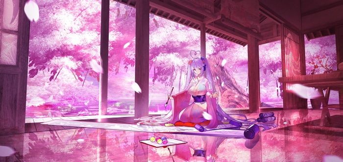 Sakura Miku in a traditional Japanese room with cherry blossoms