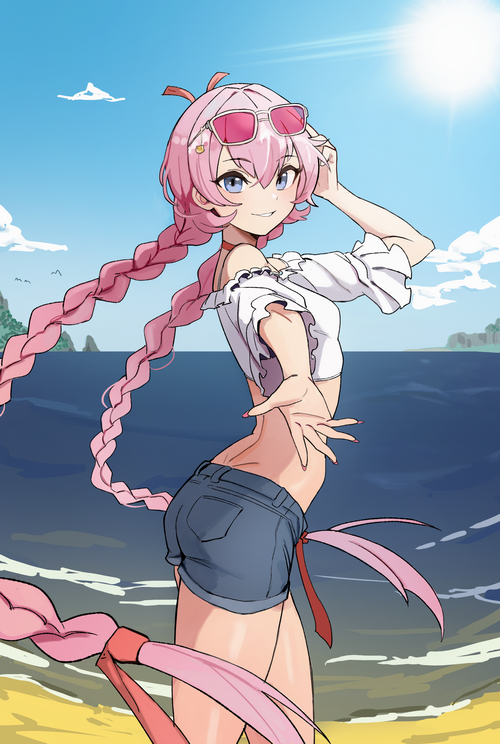 Girl with pink hair and sunglasses at the beach