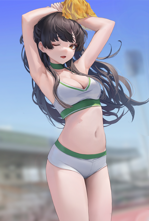 Anime girl in cheerleader outfit with pom-pom