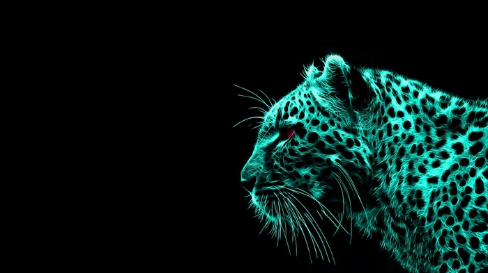 Turquoise leopard with red eyes on black background