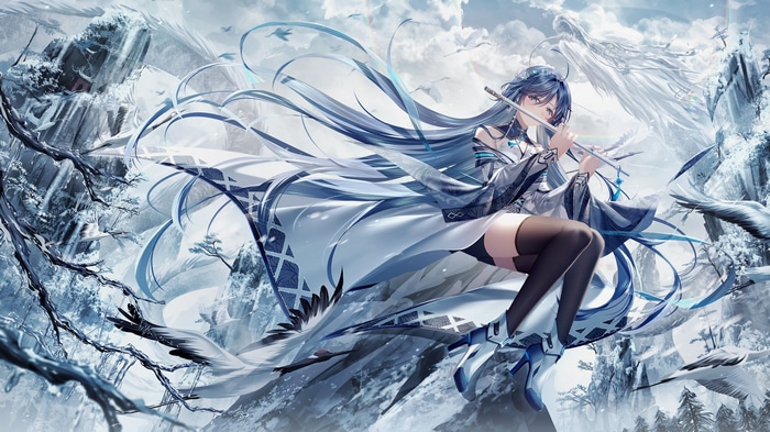 4K Anime Girl Playing Flute with Birds and Dragon