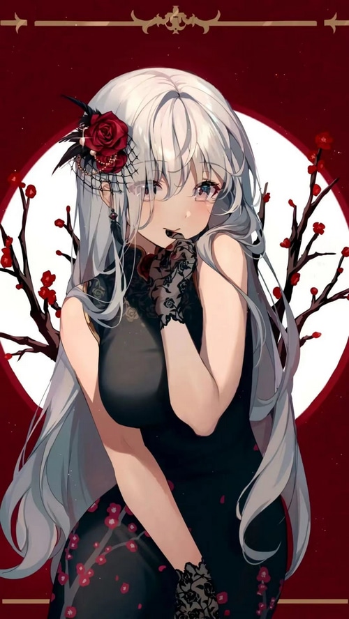 Anime girl with white hair in a black dress