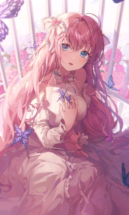 Anime girl with pink hair and butterflies