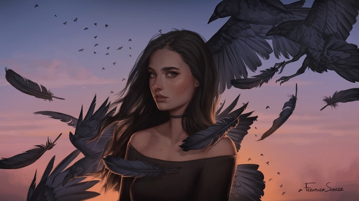Artwork of a woman surrounded by crows and feathers