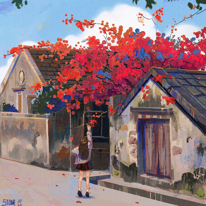 Girl reaching for red flowers on a street