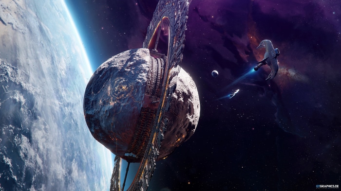 4K Space Art Illustration of Spaceship and Planet