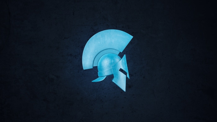 Minimalist cyan Spartan helmet on dark background
