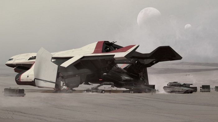 Star Citizen Crusader Hercules in a desert landscape