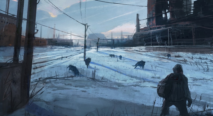 Wolves in a snowy industrial wasteland with a lone figure