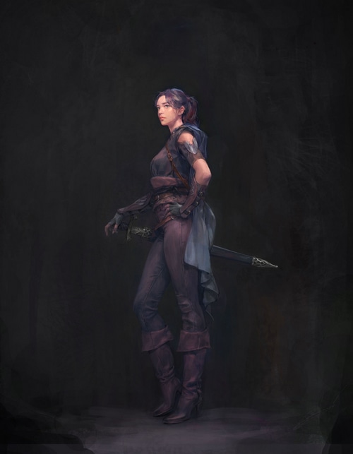 Fantasy art of a woman with a sword by Kim Ssang