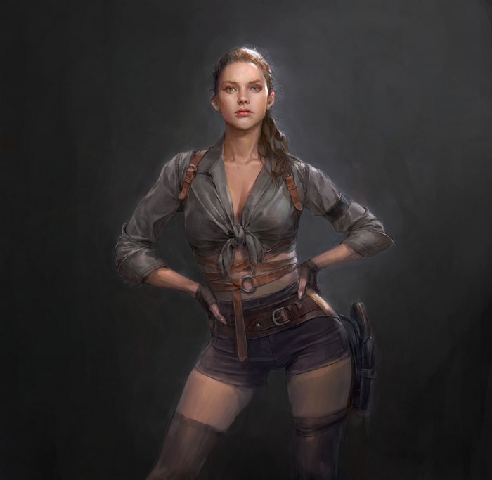 Kim Ssang, an adventurer with a gun, stands with hands on hips
