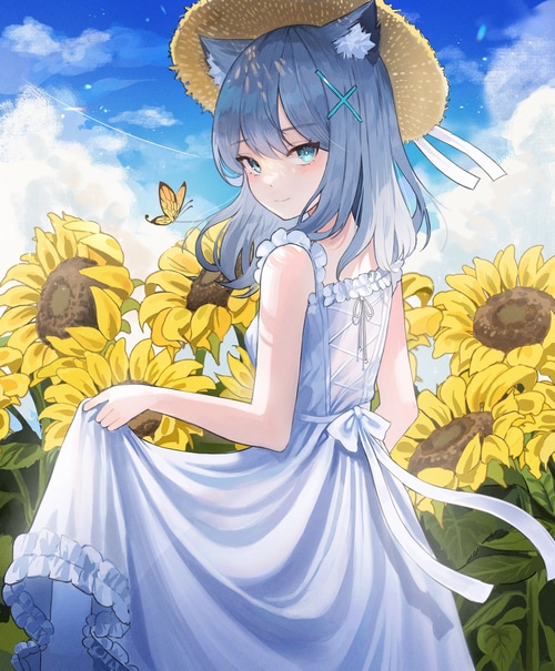Cat-eared girl in a straw hat with sunflowers