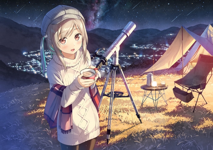Girl with telescope camping under the stars