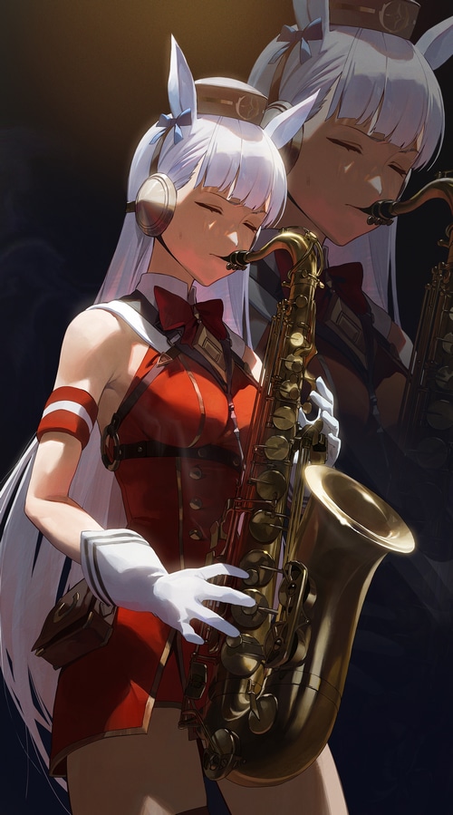 Anime girl with bunny ears playing a saxophone
