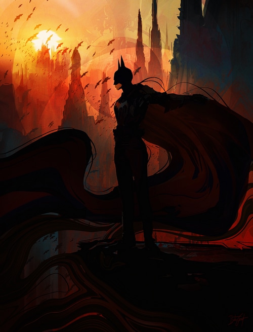 Batman standing in front of Gotham at sunset with bats flying