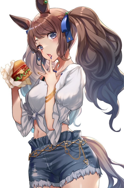 Tosen Jordan eating a burger from Uma Musume Pretty Derby