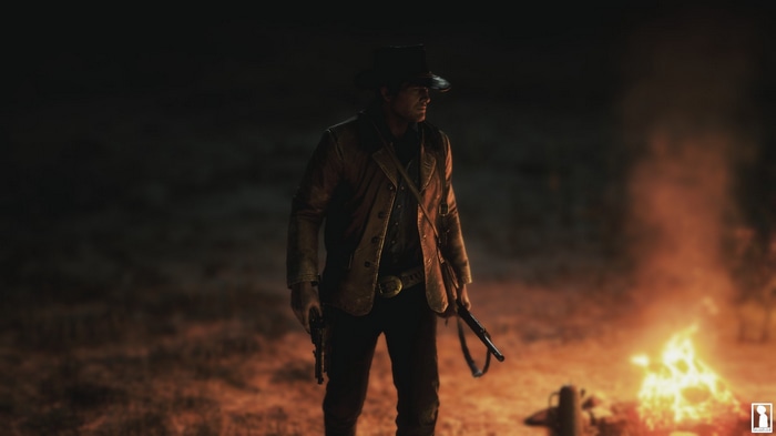 Arthur Morgan with a gun and rifle by a campfire