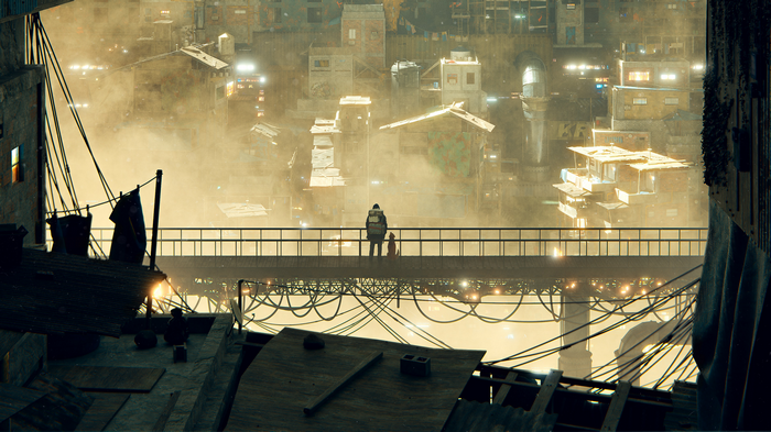 4K artwork of a dystopian city bridge