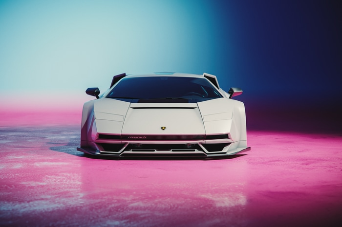 Lamborghini Countach on a pink and blue surface