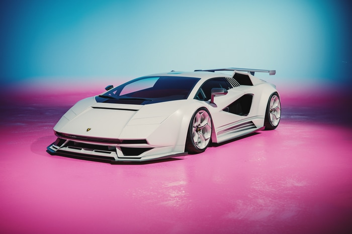 White Lamborghini Countach on a pink and blue background